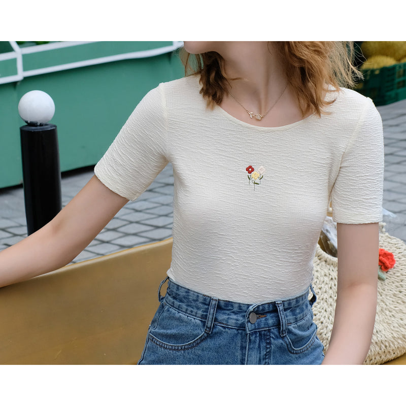 Floral embroidery slim knit 