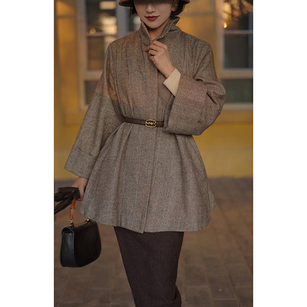 Gray brown lady herringbone wool coat