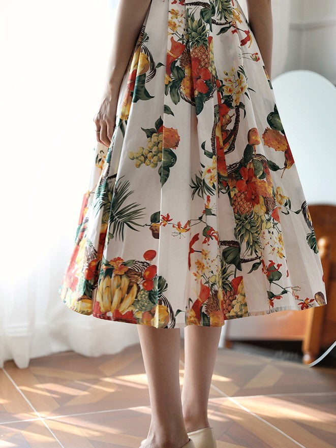 Wisteria yellow and red orange flower pattern vintage dress
