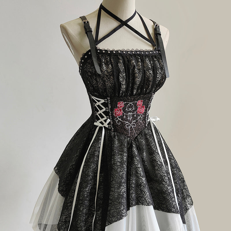 Dark Rose Embroidered Corset Jumper Skirt -Long Ver.