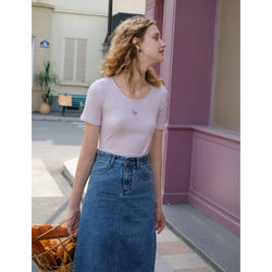 Floral embroidery slim knit 