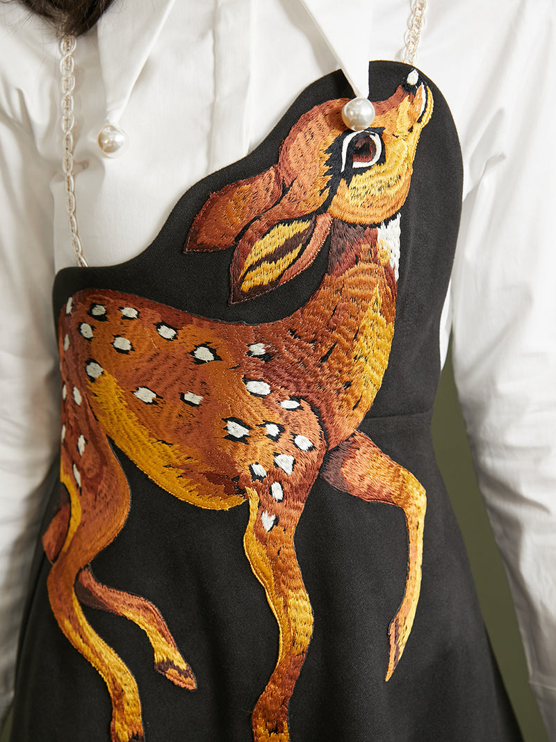 深林小鹿の刺繍ストラップワンピース