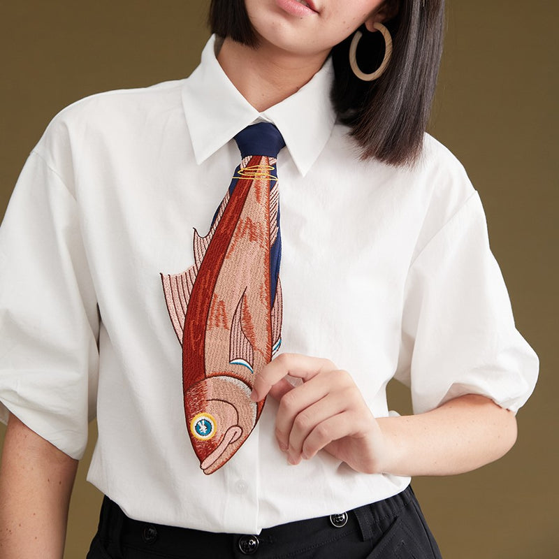 fish embroidery tie