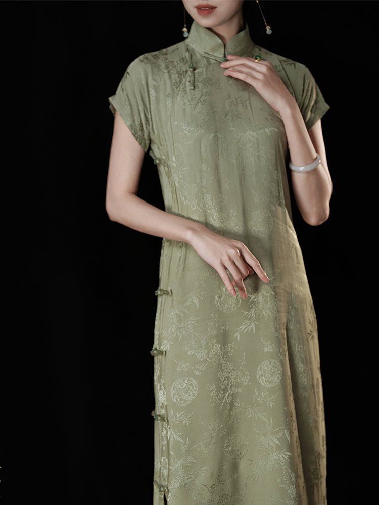 Chinese dress with bamboo grove pattern in old bamboo color