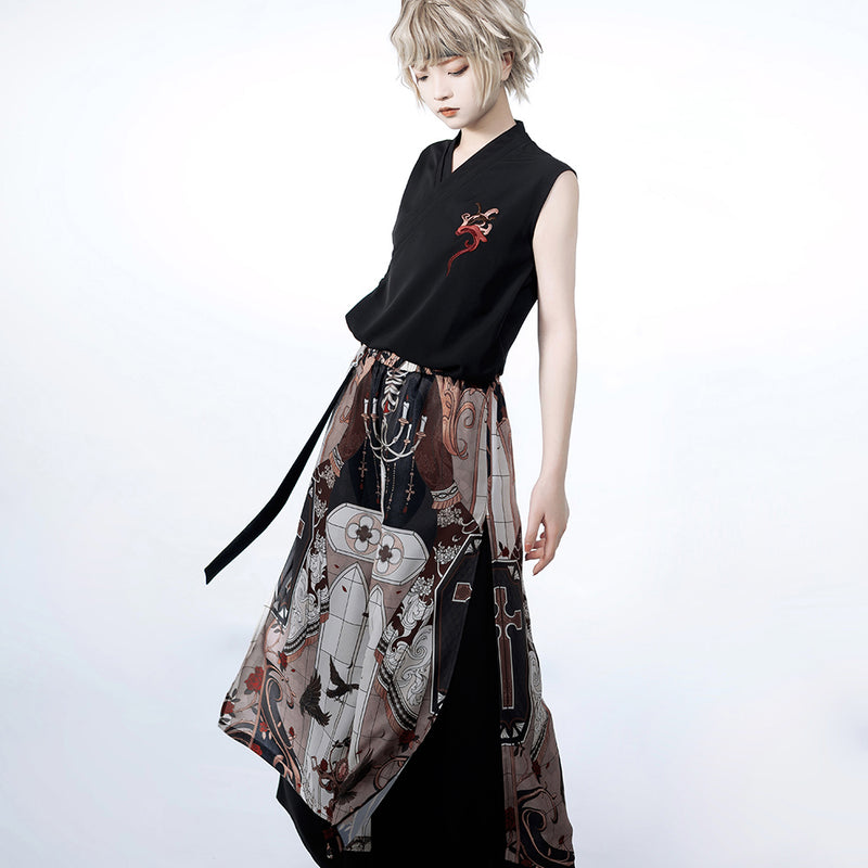Sword and rose embroidery sleeveless top