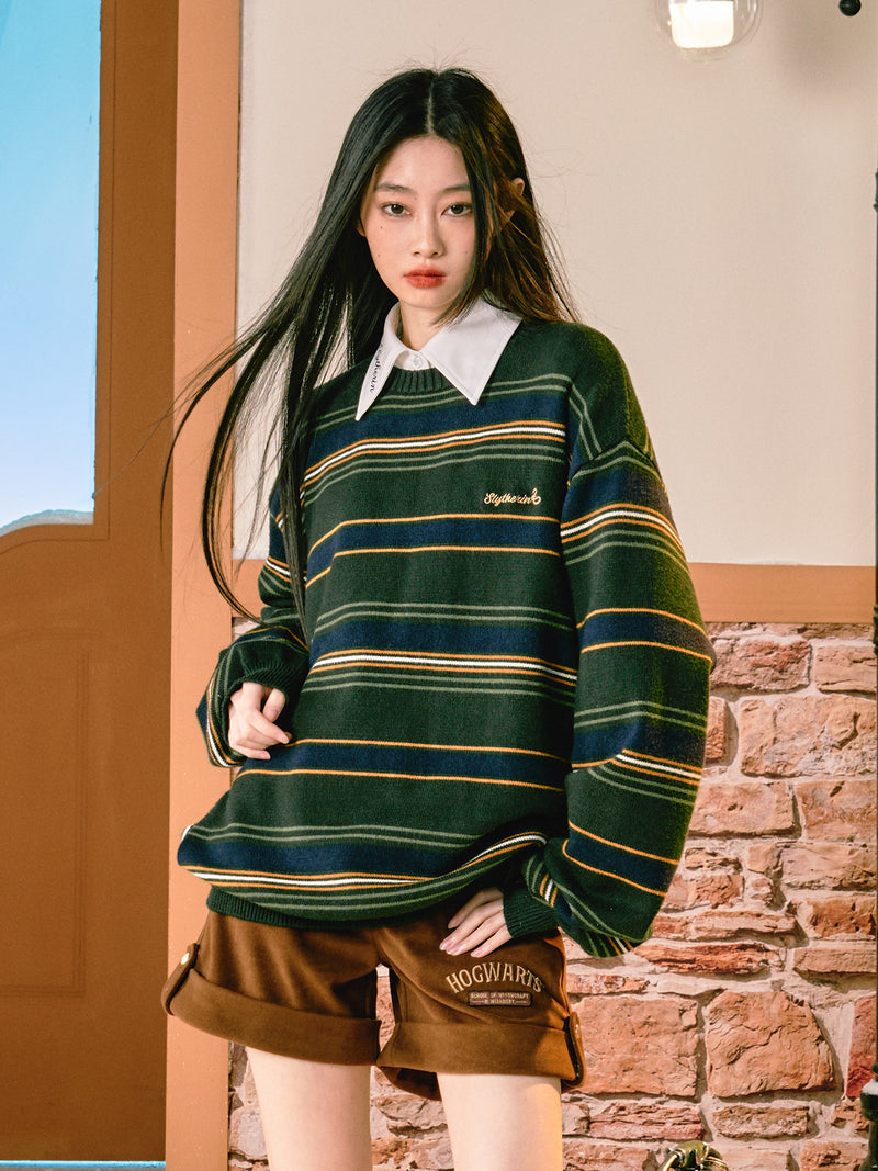 Magic School Embroidery Striped Knit Sweater