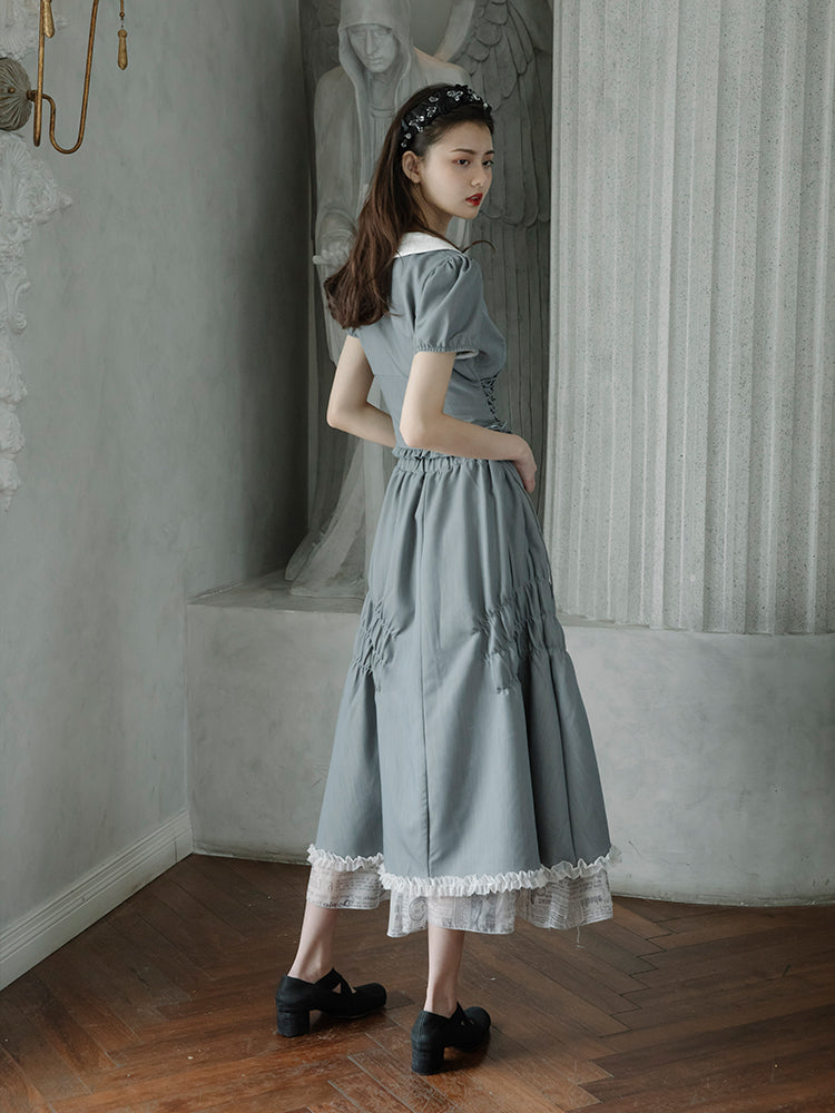 Gray blue lady's braided short top and long skirt