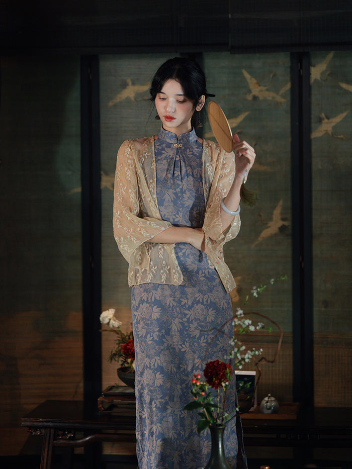 灰紫の花模様レトロチャイナワンピース – ManusMachina