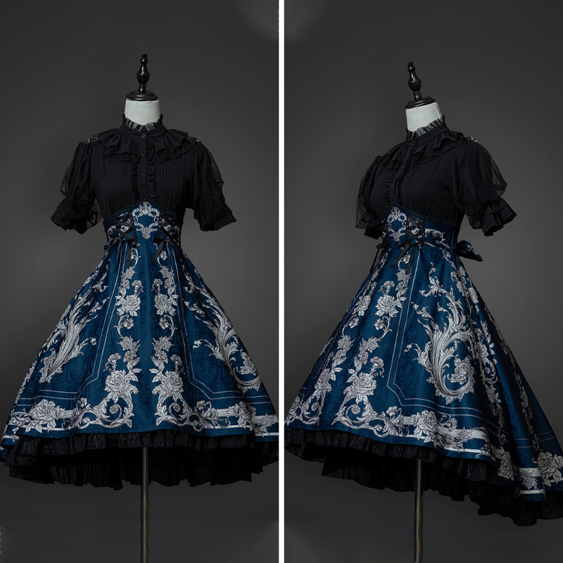 Navy blue floral ivy pattern corset skirt [Scheduled to be shipped from early May to late May 2023]