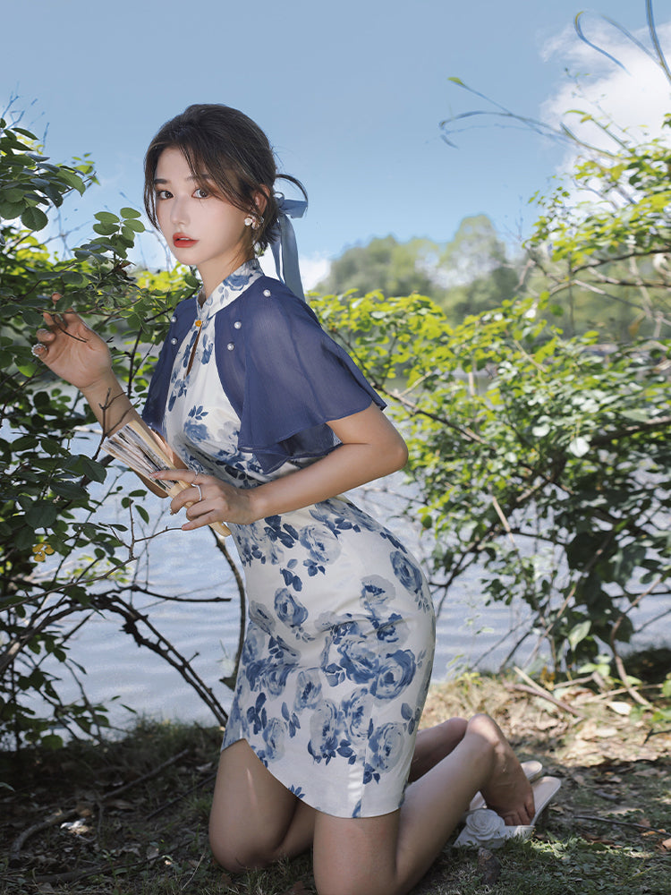 Blue ink mountain tea floral print cheongsam dress