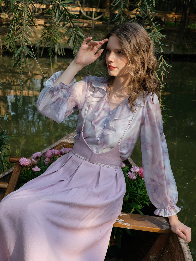 Light purple watercolor blouse and strap skirt 