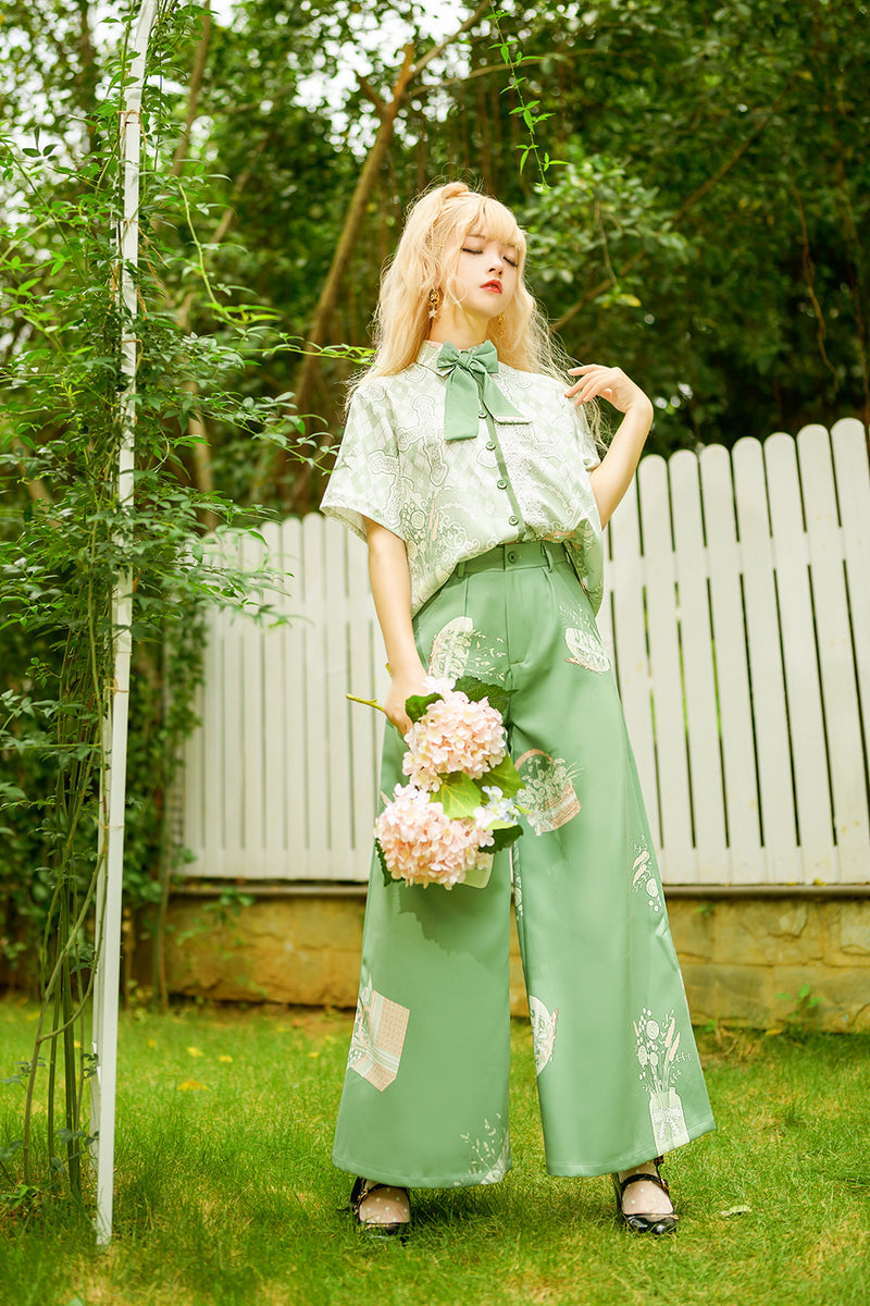 Bouquet of vases and flower basket wide leg pants