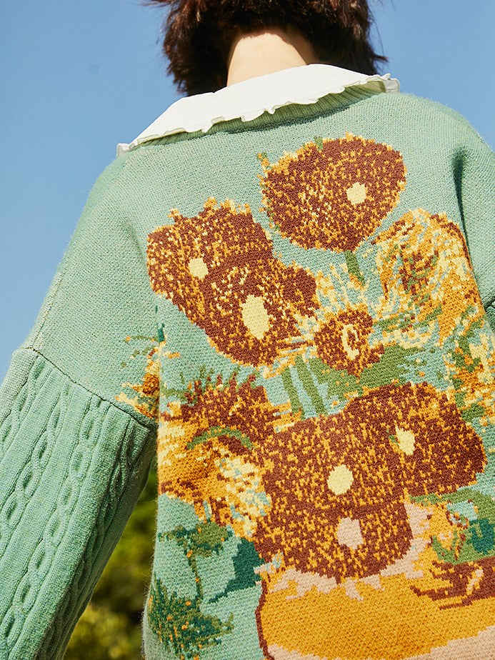 Van Gogh self-portrait and vase sunflower sweater cardigan