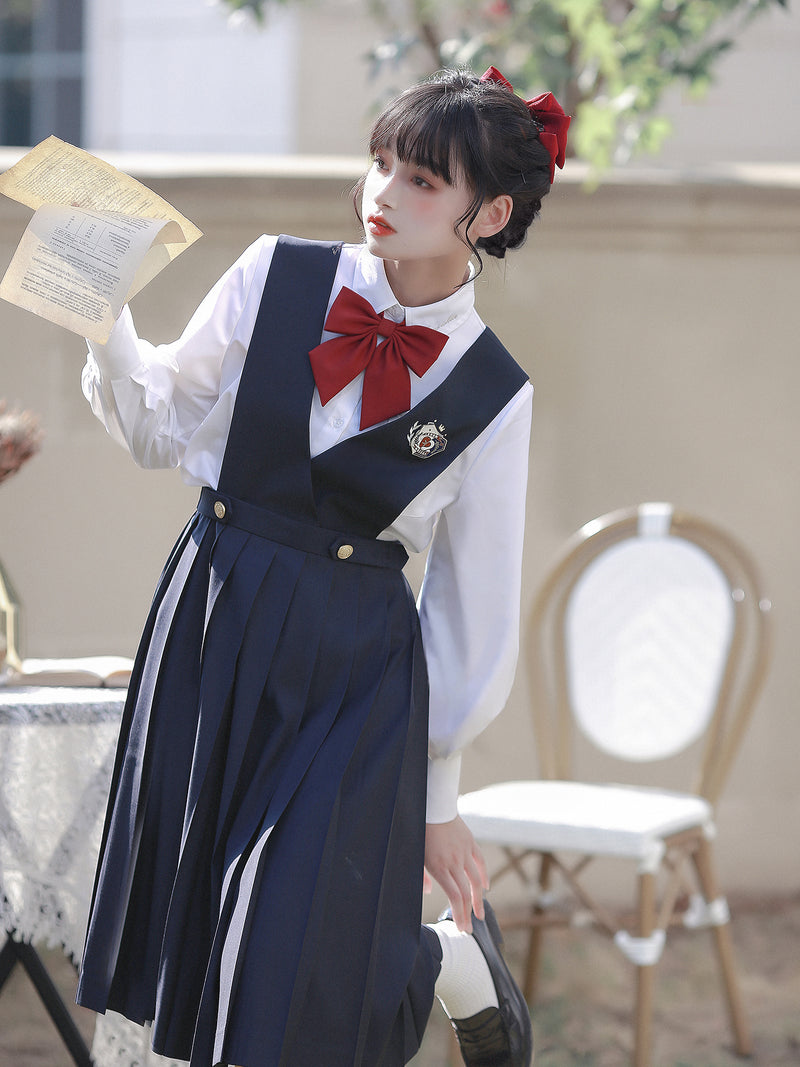 Navy blue literary girl classical jumper skirt and short jacket and blouse
