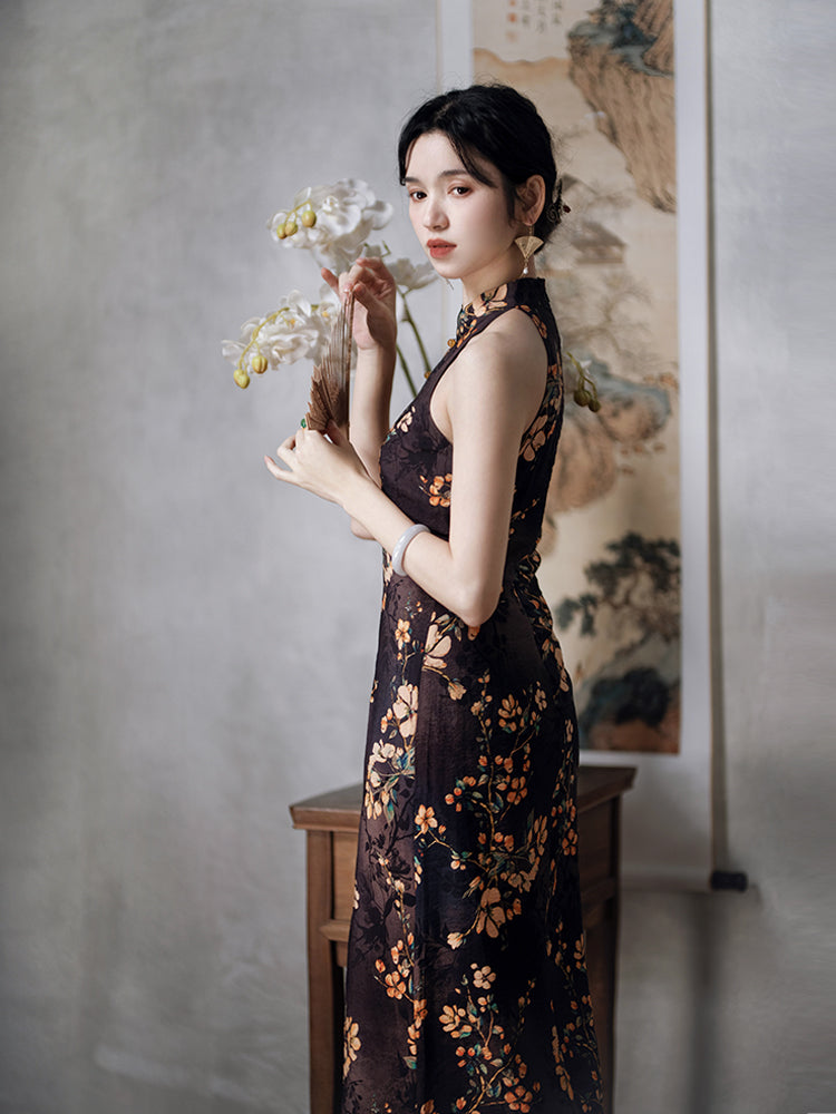 Black persimmon flower painting cheongsam dress