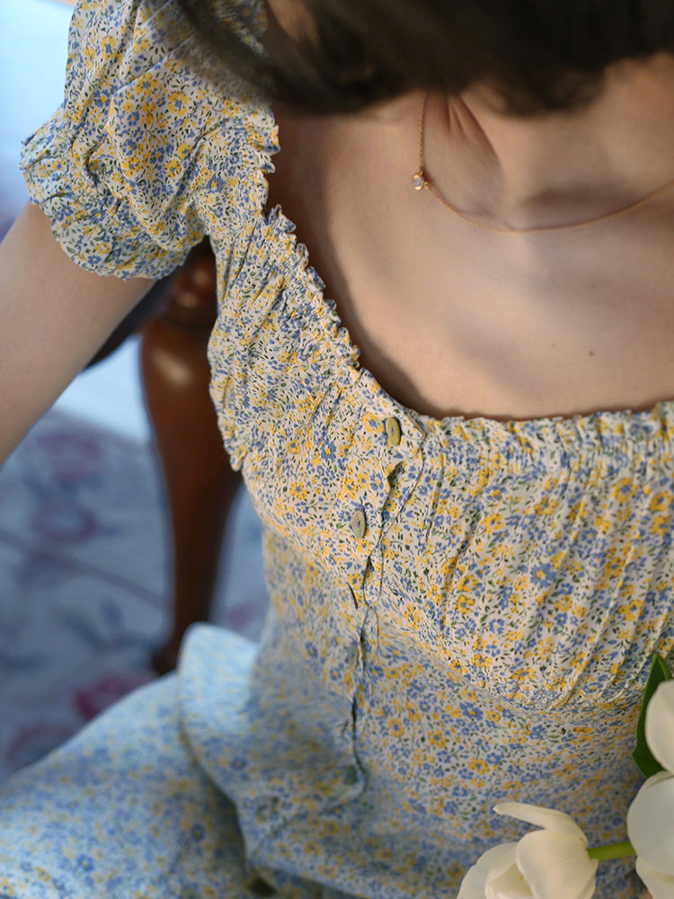 blue yellow flower crowd french dress