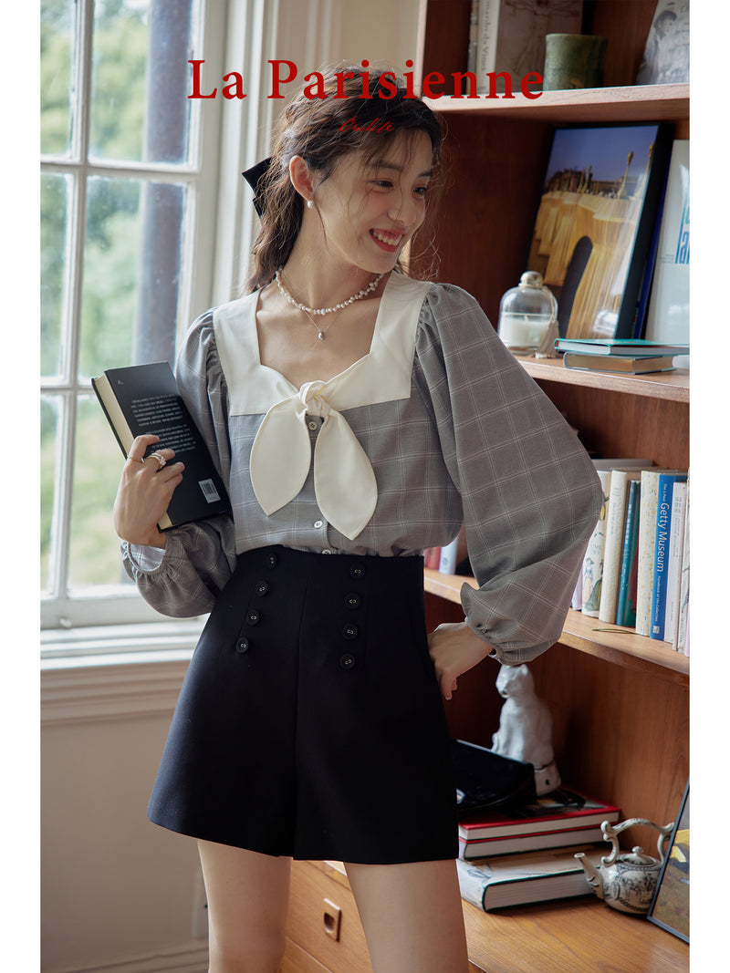 Light ink plaid retro blouse