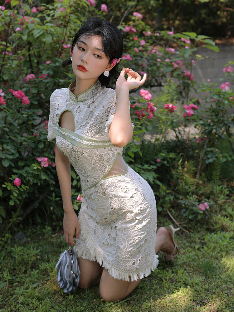 White peony cluster embroidery short cheongsam dress