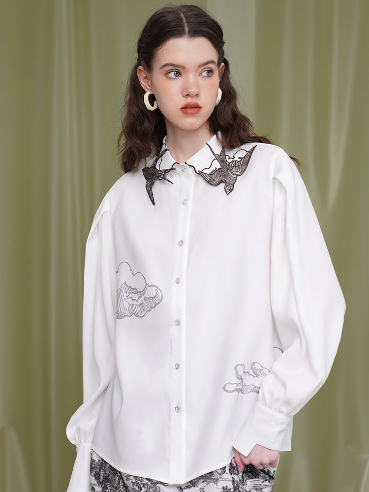 Empty Swallow Pencil Drawing Embroidered Blouse