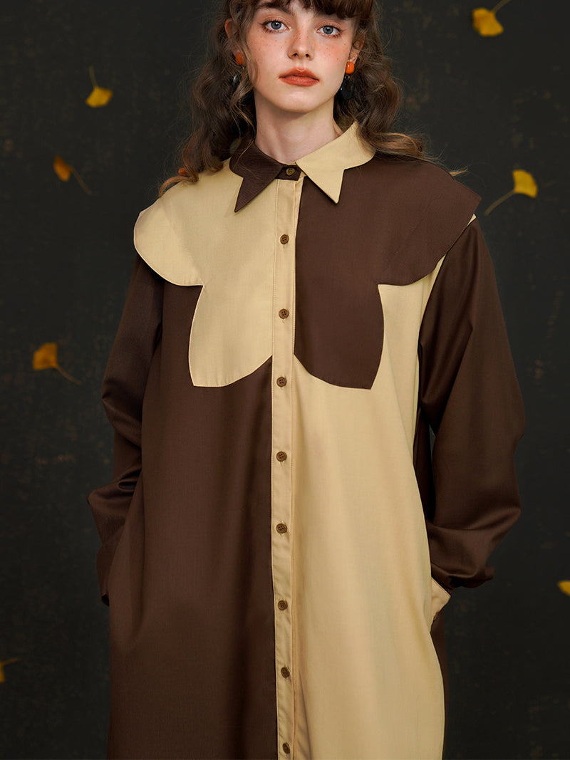 Dark Brown Leaf Blouse and Long Shirt Dress