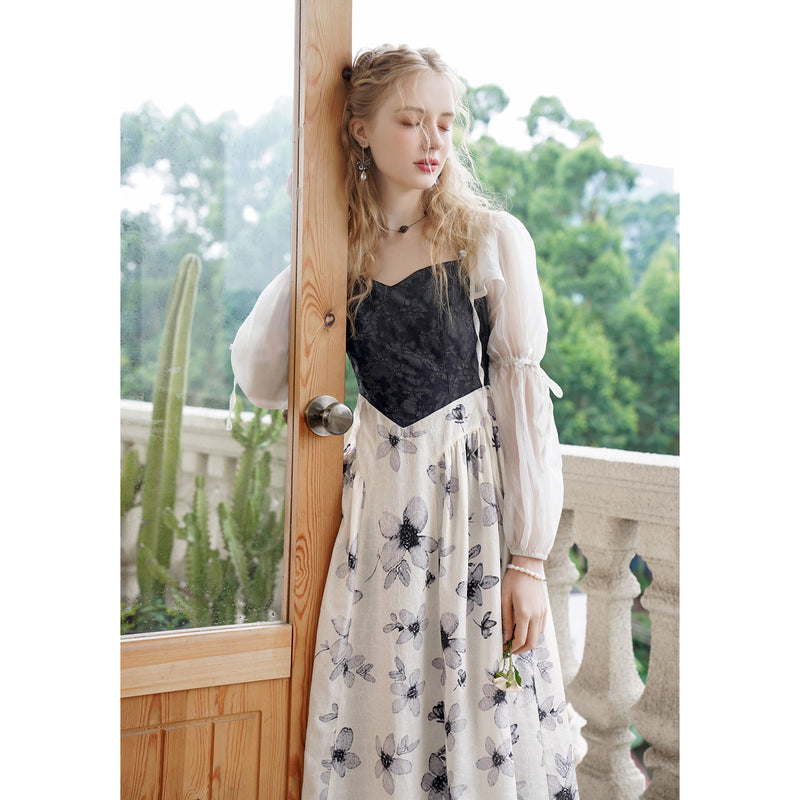 Ink painting flower pattern camisole dress and chiffon bolero