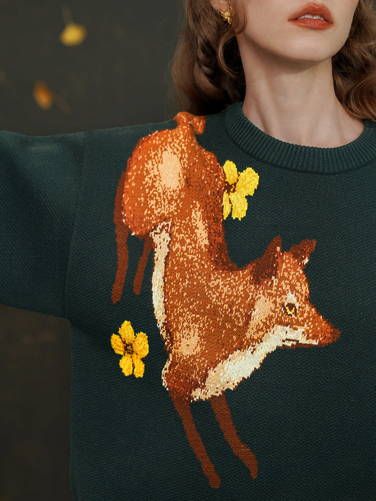 Red fox playing with flowers knitted sweatshirt