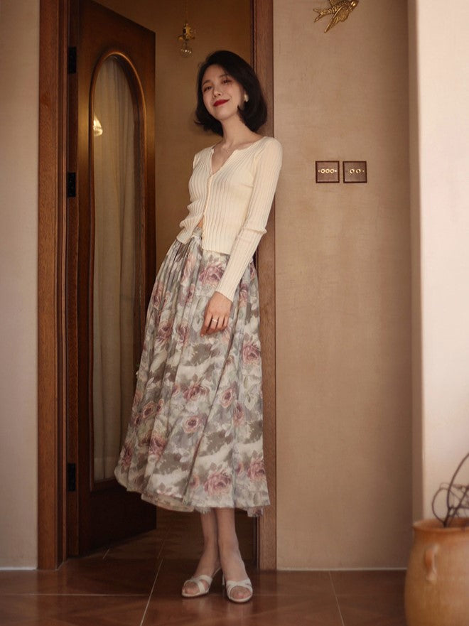 Oil painting rose pattern retro skirt