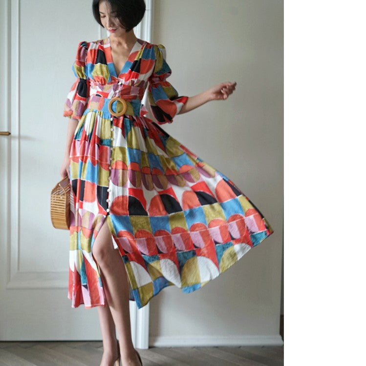 Geometric pattern oil painting dress