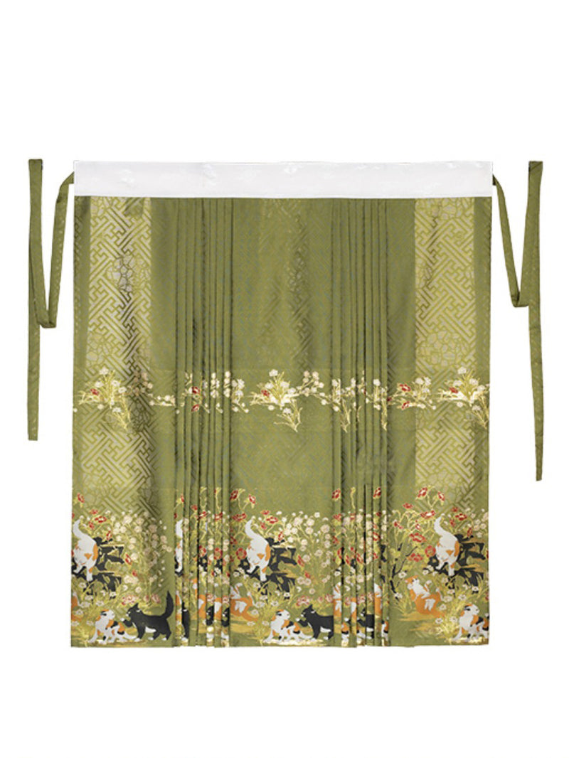 庭園の猫の古典柄ロングプリーツスカート