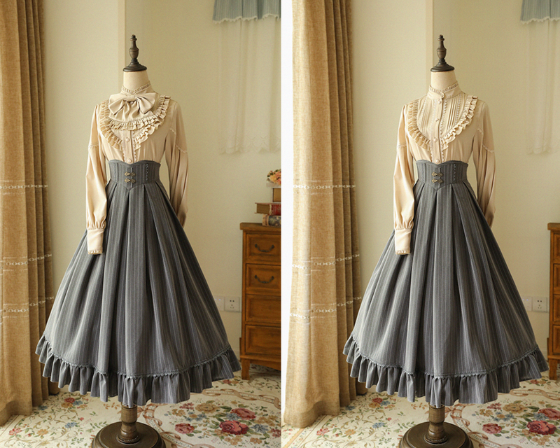 British Lady High Waist Skirt and Vest and High Neck Ribbon Blouse