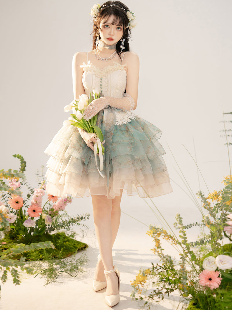 Flowering almond tree branch strap dress (ivory x aqua blue) [Planned to be shipped from late August to early September 2023]