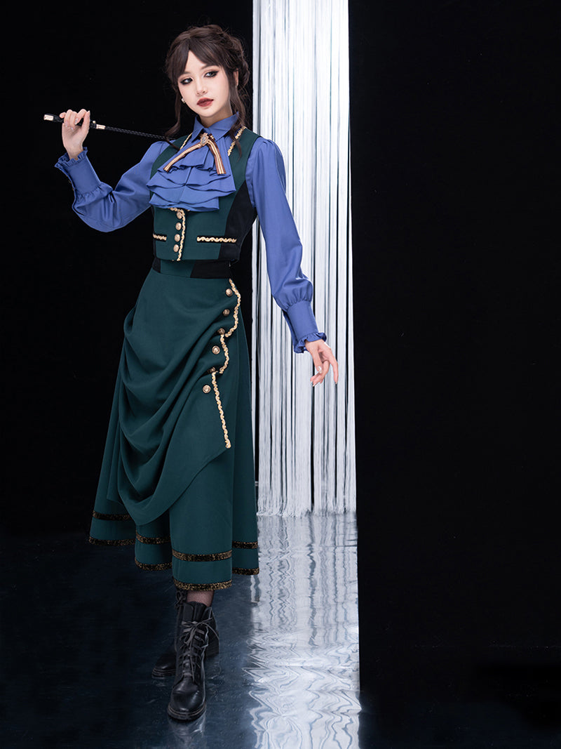 Classical jacket, vest, long skirt, and blouse embroidered with a dark green lady [Scheduled to be shipped from late May to late June 2023]
