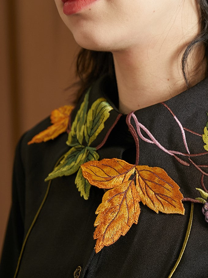 Purple grape and leaf embroidery blouse