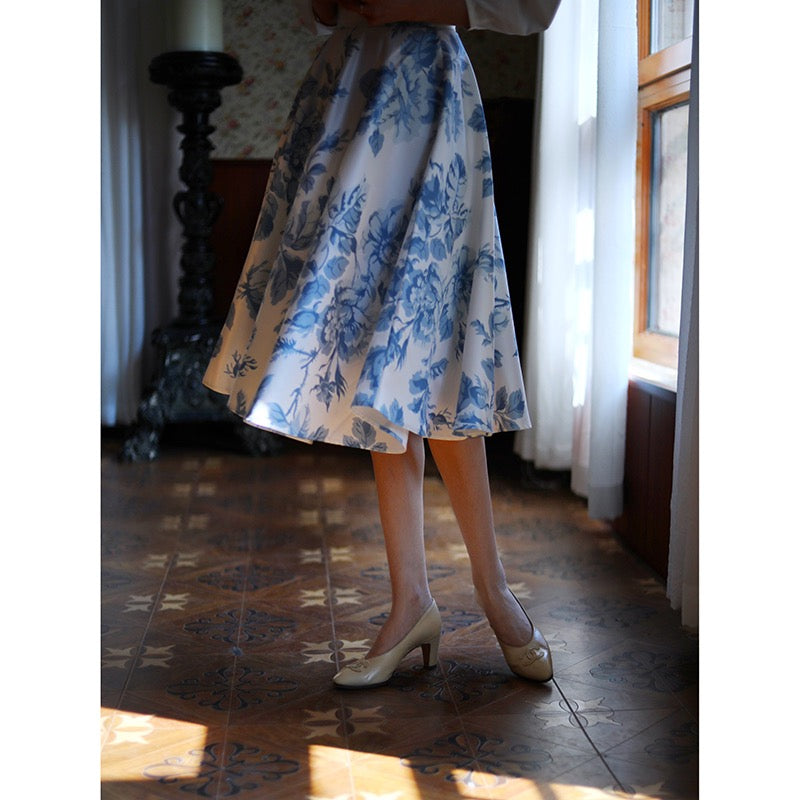 blue ink flower pattern hepburn skirt
