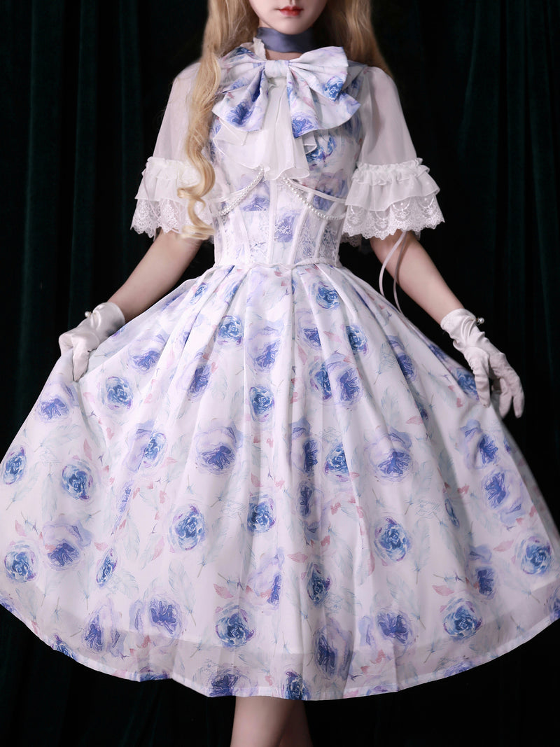 Blue rose watercolor dress and bolero cardigan [Planned to be shipped from late April to early May 2023]