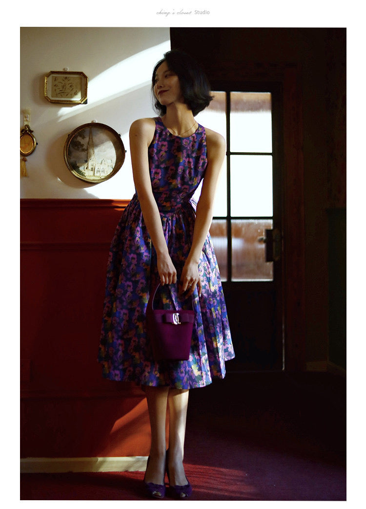 purple blue flower crowd retro dress