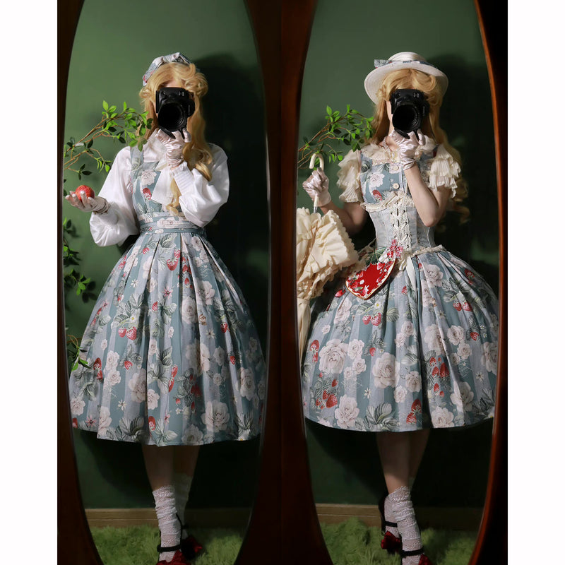 白薔薇と苺の水彩画ジャンパースカートとカチューシャのセット