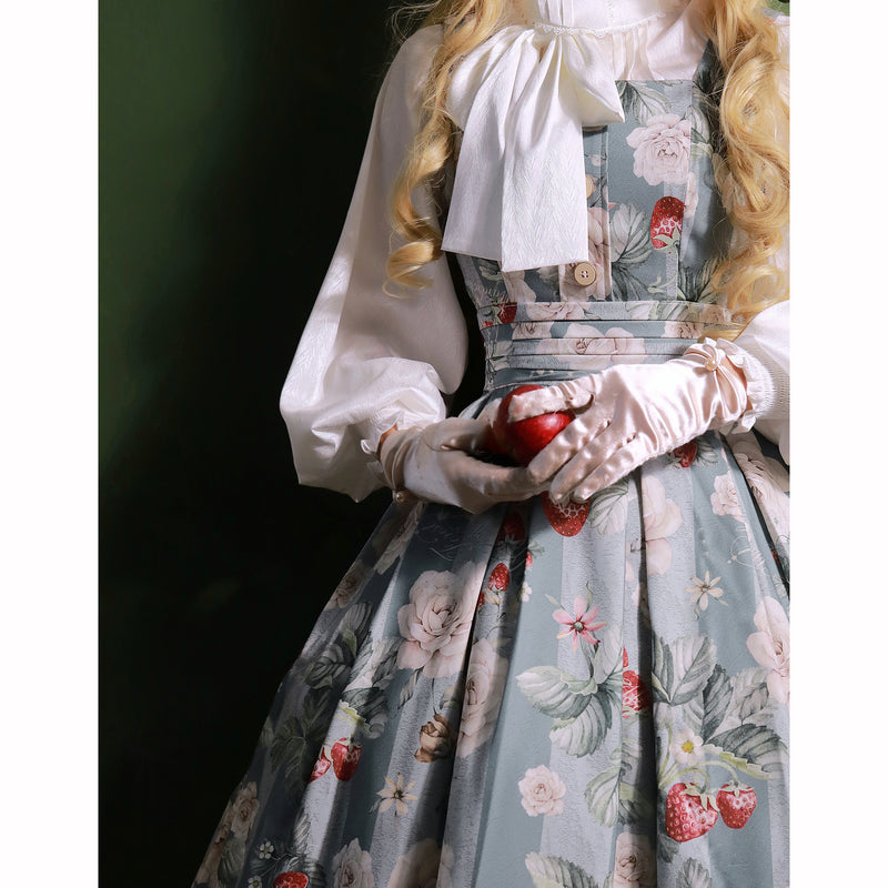 White rose and strawberry watercolor jumper skirt and high neck ribbon blouse