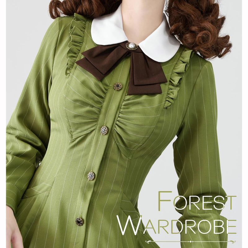 Young green lady's vertical striped classical dress
