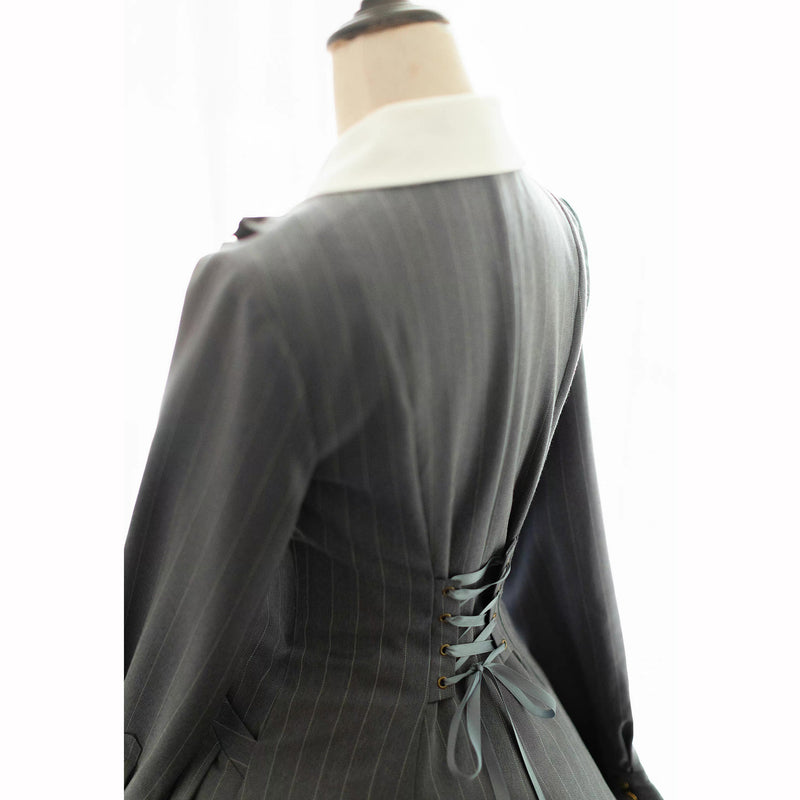 Vertical stripes classical dress of gray indigo lady