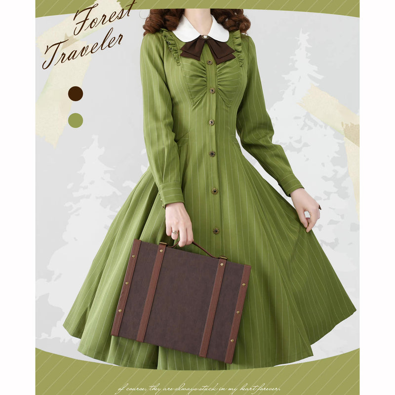 Young green lady's vertical striped classical dress