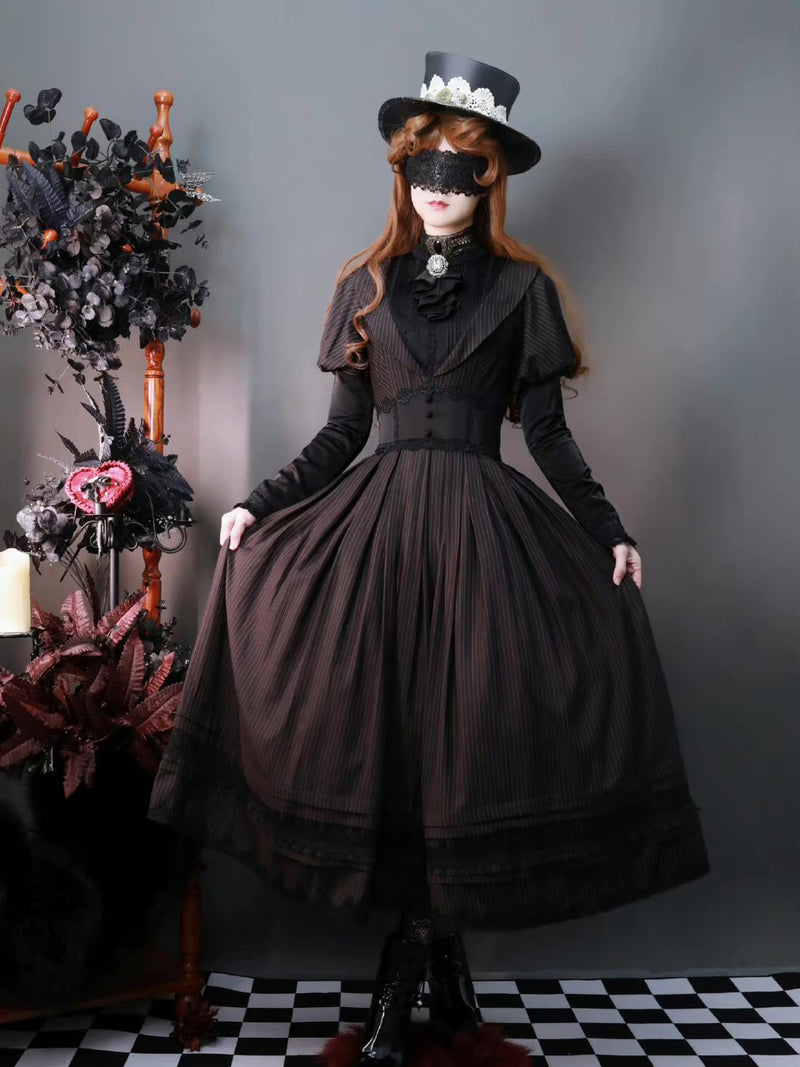 Black brown lady's vertical striped classical dress [scheduled to be shipped from late February to mid-March 2023]
