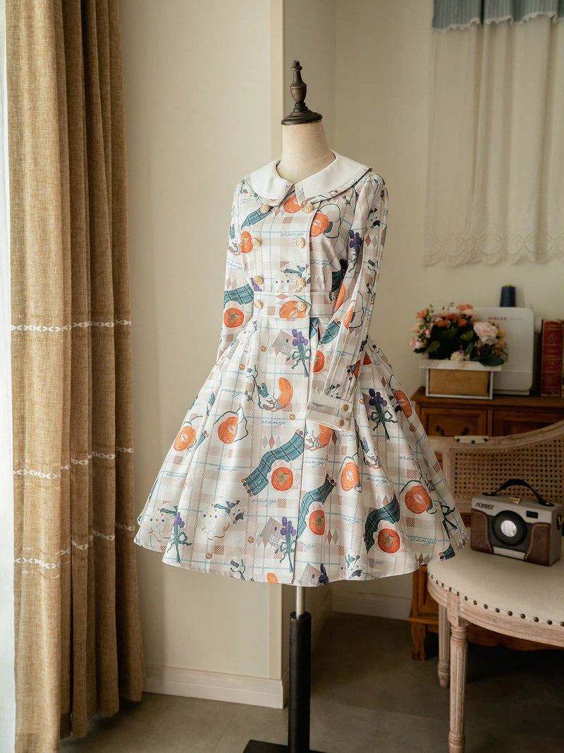 Persimmon cat and bouquet plaid classical dress (beige)