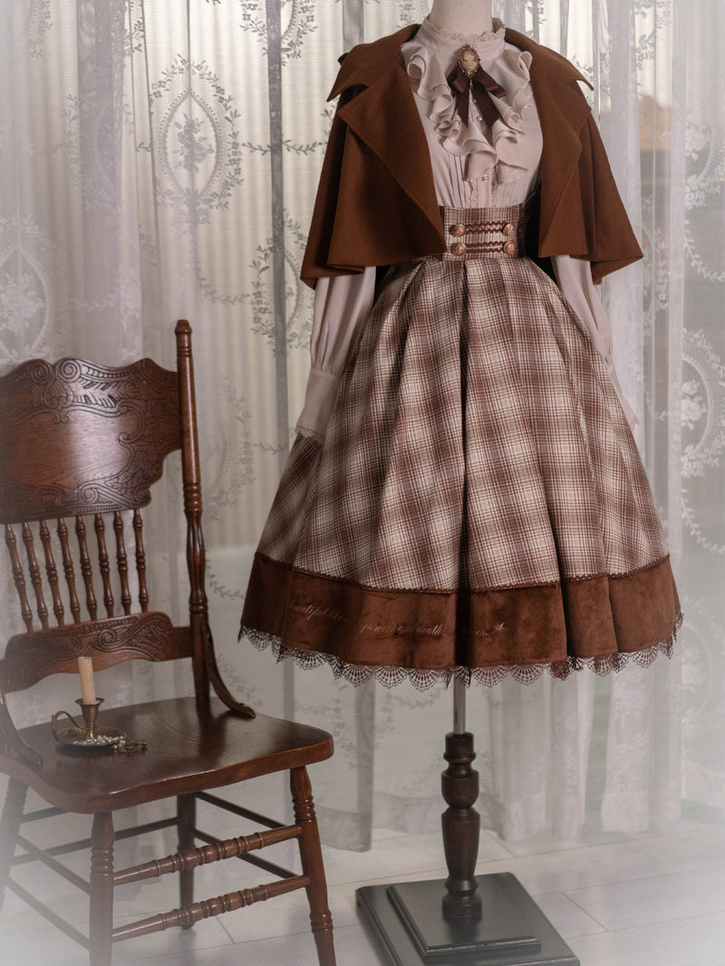 Gray brown checkered lady jumper skirt, short cape and high neck ribbon blouse