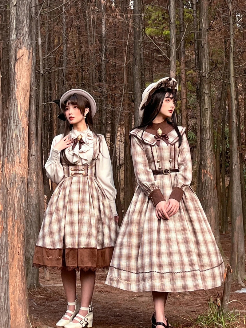 Gray brown checkered lady jumper skirt, short cape and high neck ribbon blouse