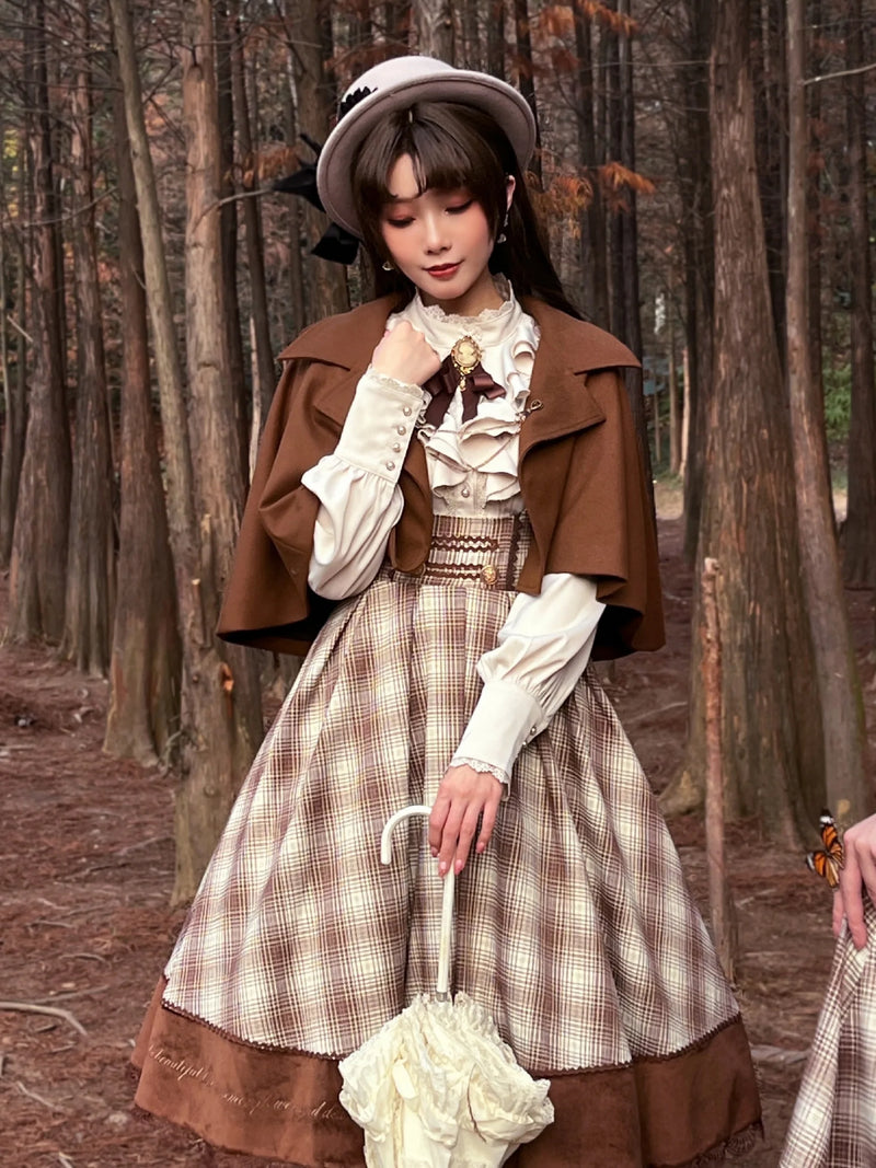 Gray brown checkered lady jumper skirt, short cape and high neck ribbon blouse