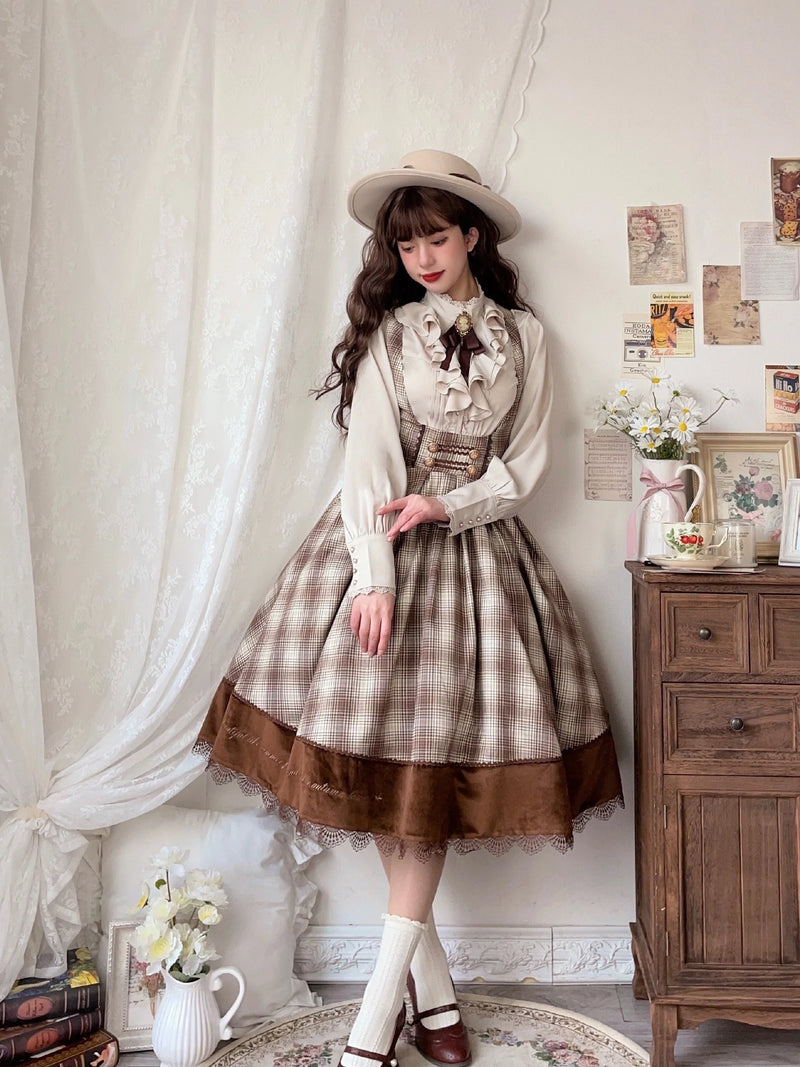 Gray brown checkered lady jumper skirt, short cape and high neck ribbon blouse
