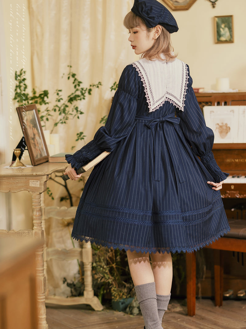 Dark blue vertical stripe embroidery classical dress [Planned to be shipped from early April to late April 2023]