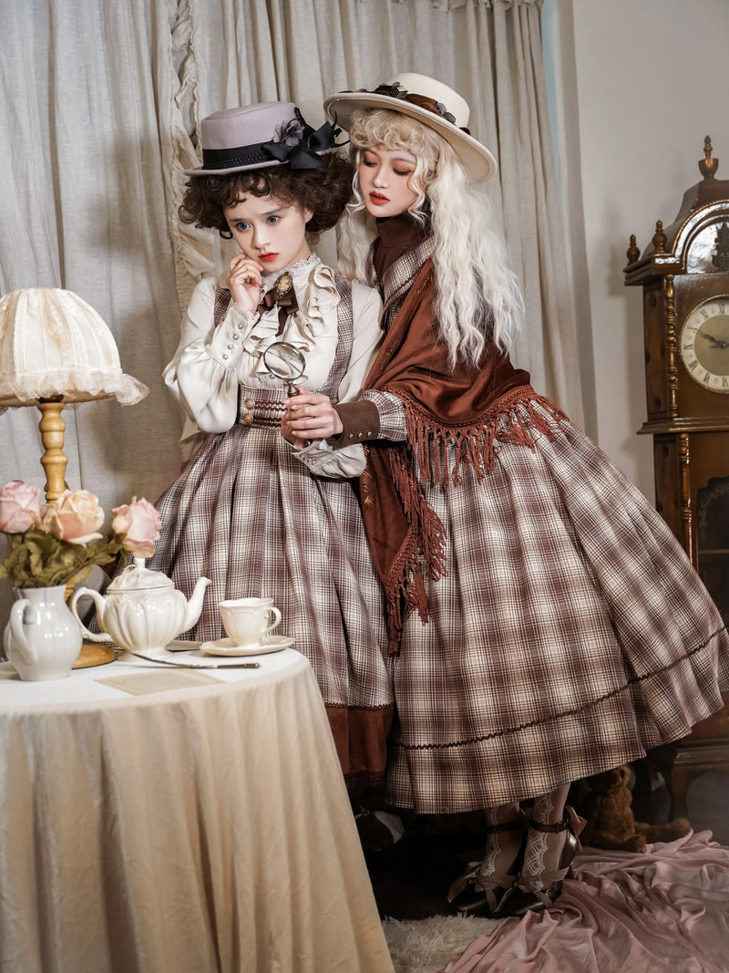 Gray brown checkered lady jumper skirt, short cape and high neck ribbon blouse