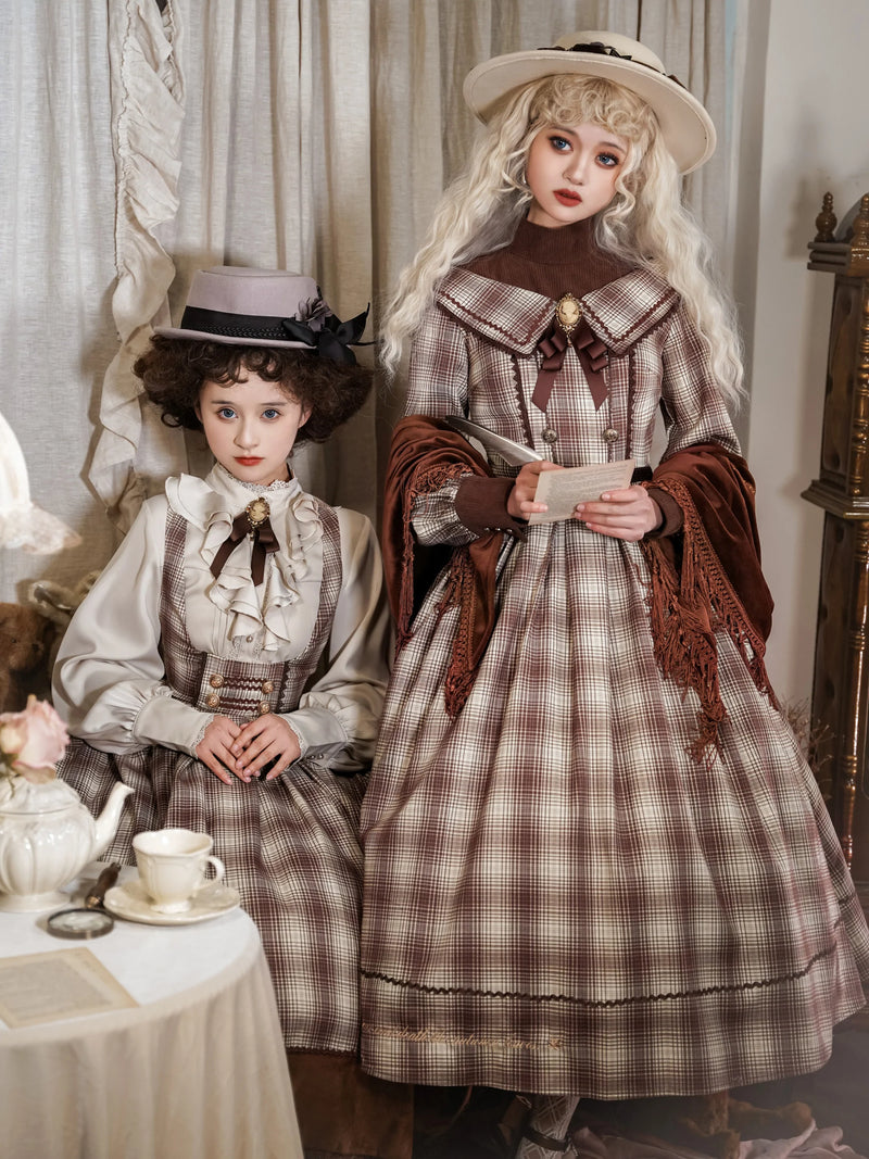 Gray brown checkered lady jumper skirt, short cape and high neck ribbon blouse